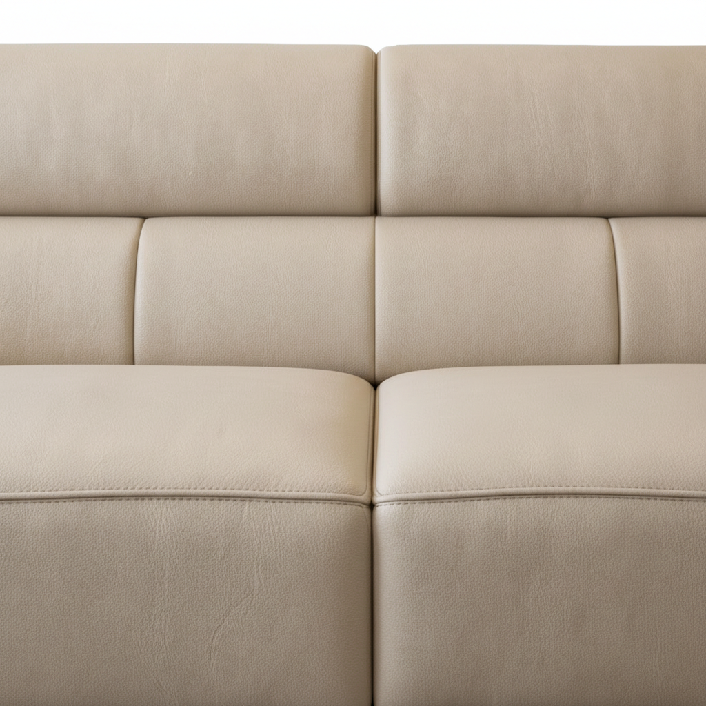 Close-up of the beige Italian leather upholstery and stitching on the Mavero Eliot Leather Sofa