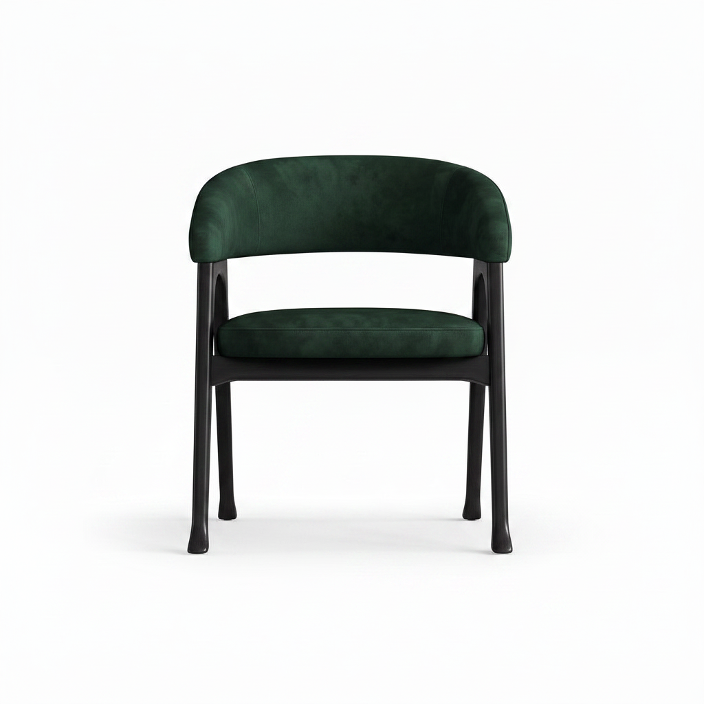 Delphine Dining Chair in deep green upholstery and dark wood, straight front view on white background