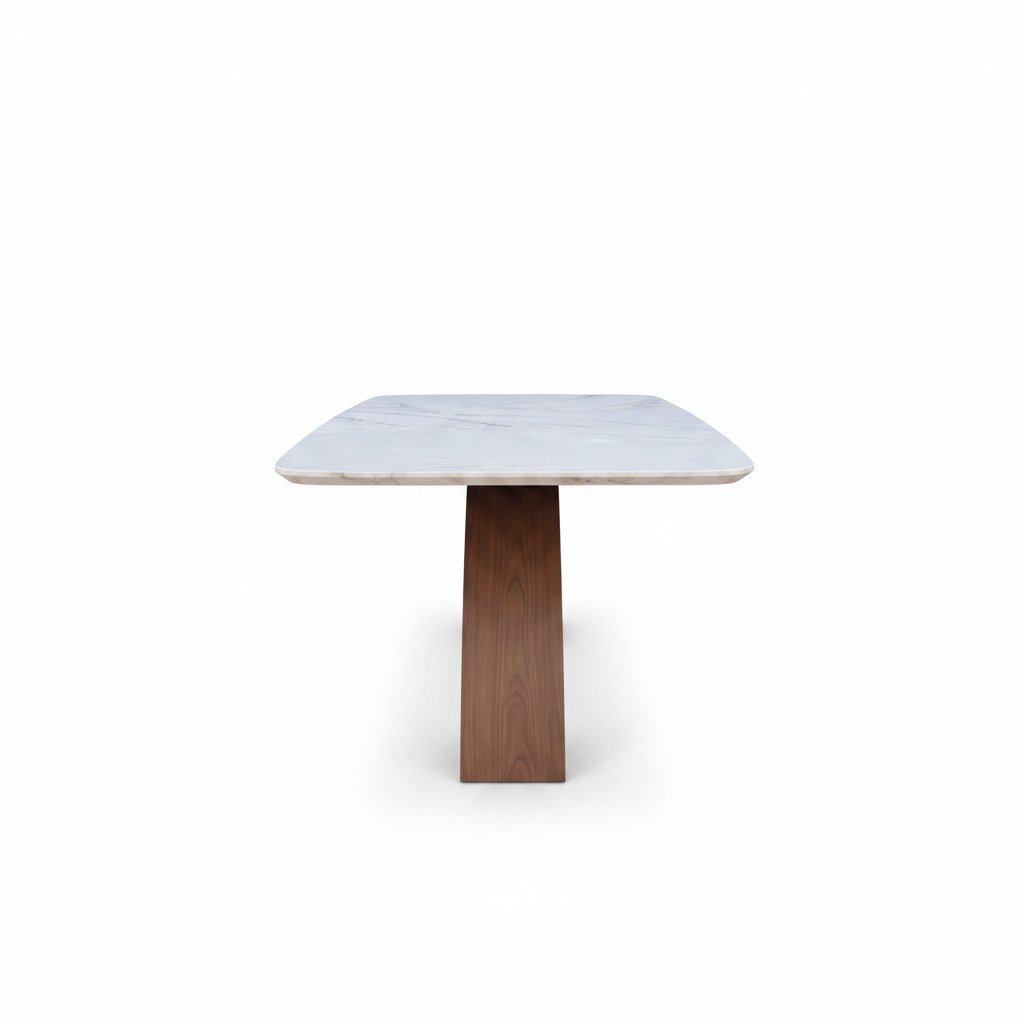 Cressida Marble Dining Table in ash wood and marble, 90-degree end view on white background