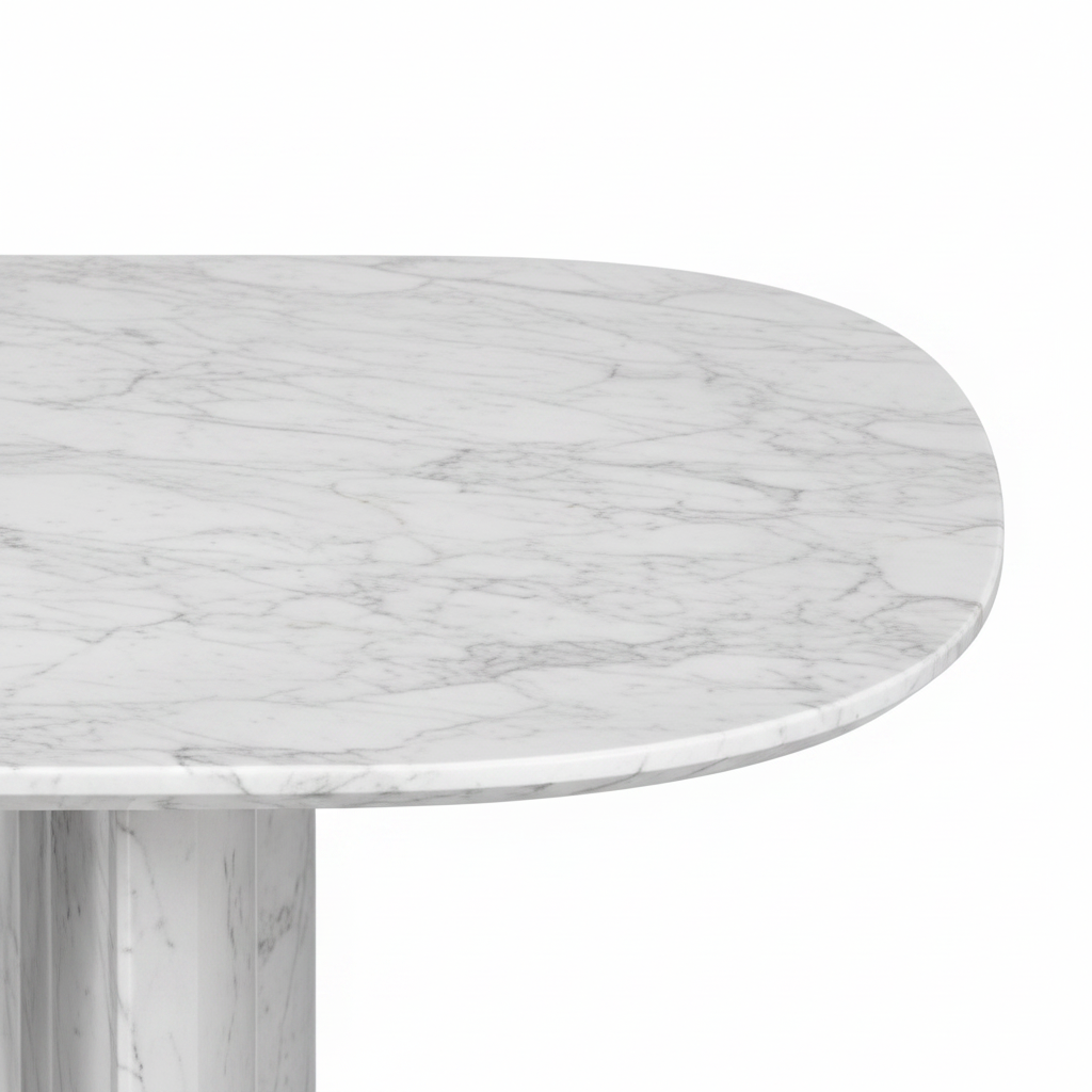Close-up of Bellrose Dining Table marble tabletop surface and edge on white background
