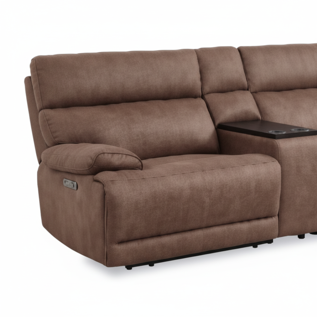 Close-up of the Jolivet brown fabric sectional left power seat, padded armrest, and control button