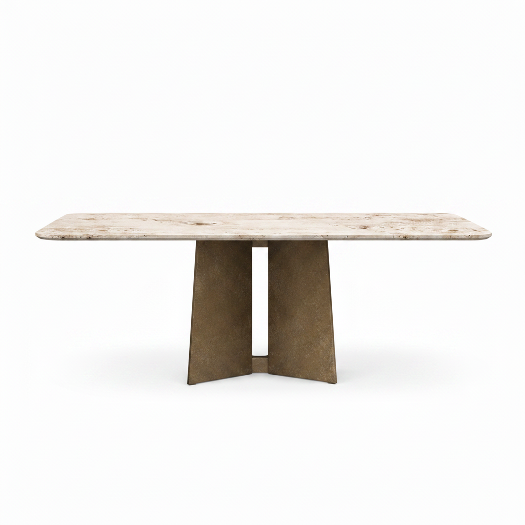 Cavelle Dining Table in marble and carbon steel, straight front view on white background