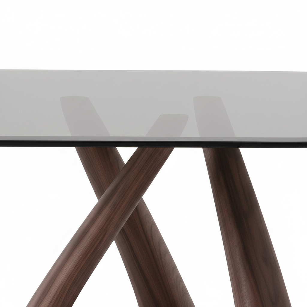 Close-up of the crossed solid ash wood support on Arden Ash Glass Dining Table