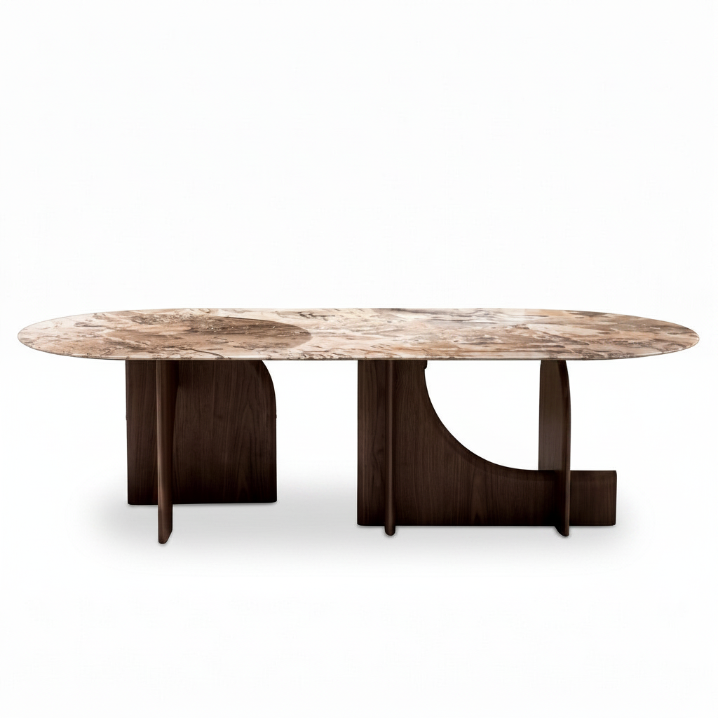 Firenze Marble Dining Table in solid ash wood and marble, straight-on front view on a white background