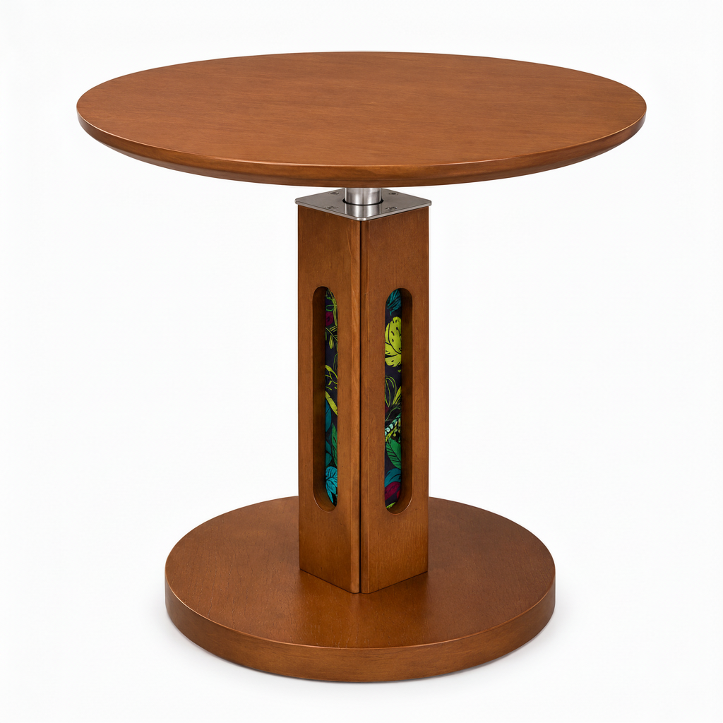 Left-front 45-degree view of the Kaelora Steel End Table with wood pedestal and round bases