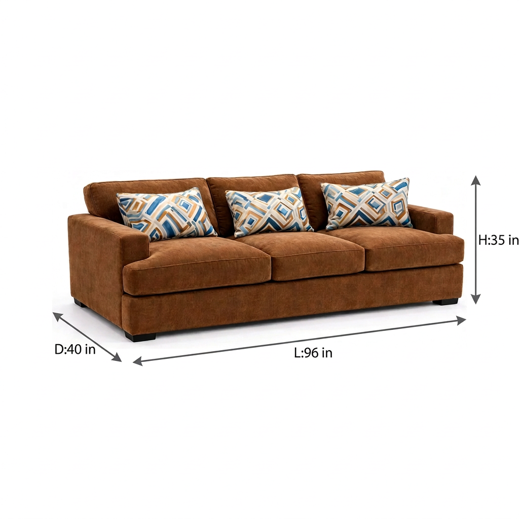 Corvello Walnut Sofa dimensions: 96 inches long, 40 inches deep and 35 inches high