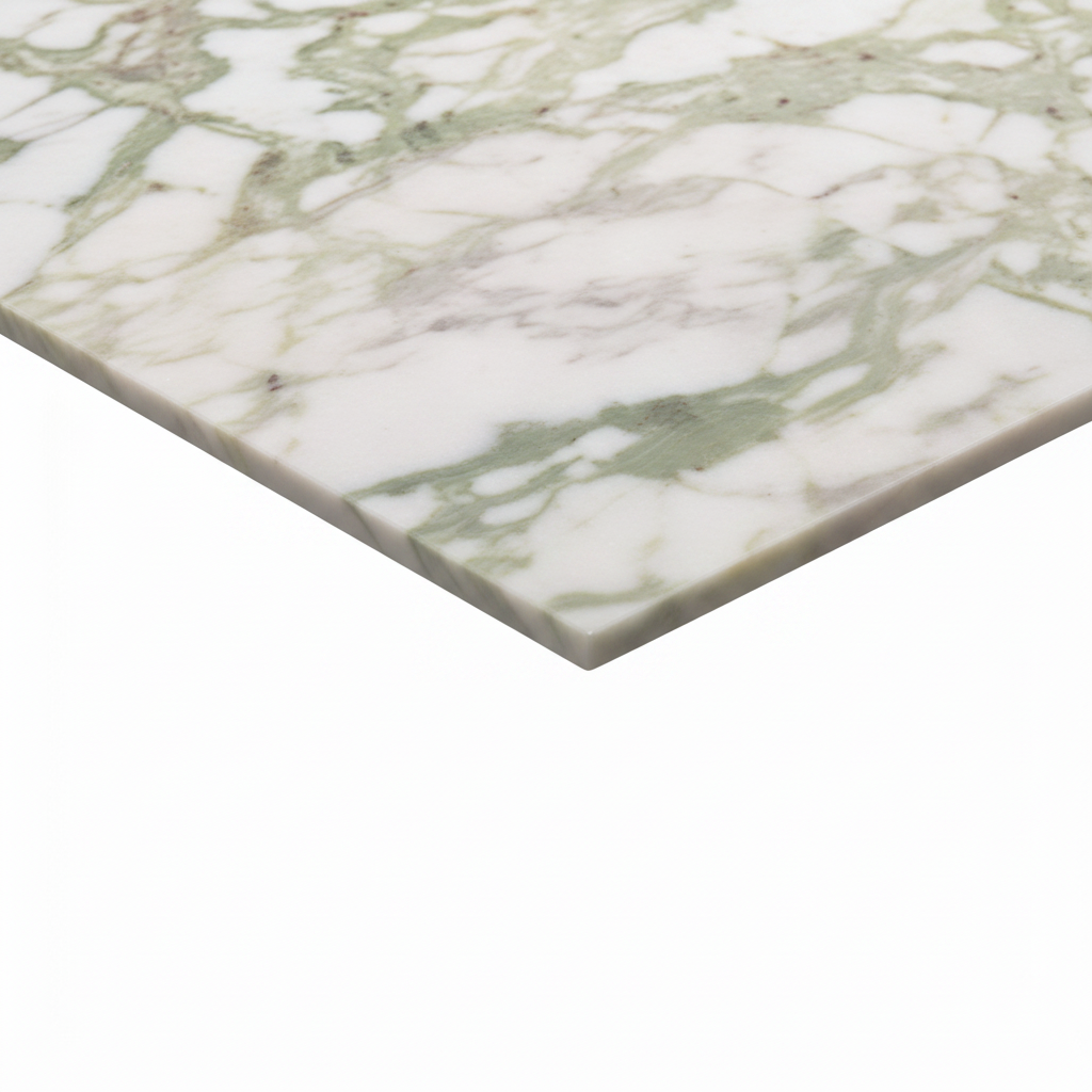 Corvane dining table pale veined stone tabletop edge detail