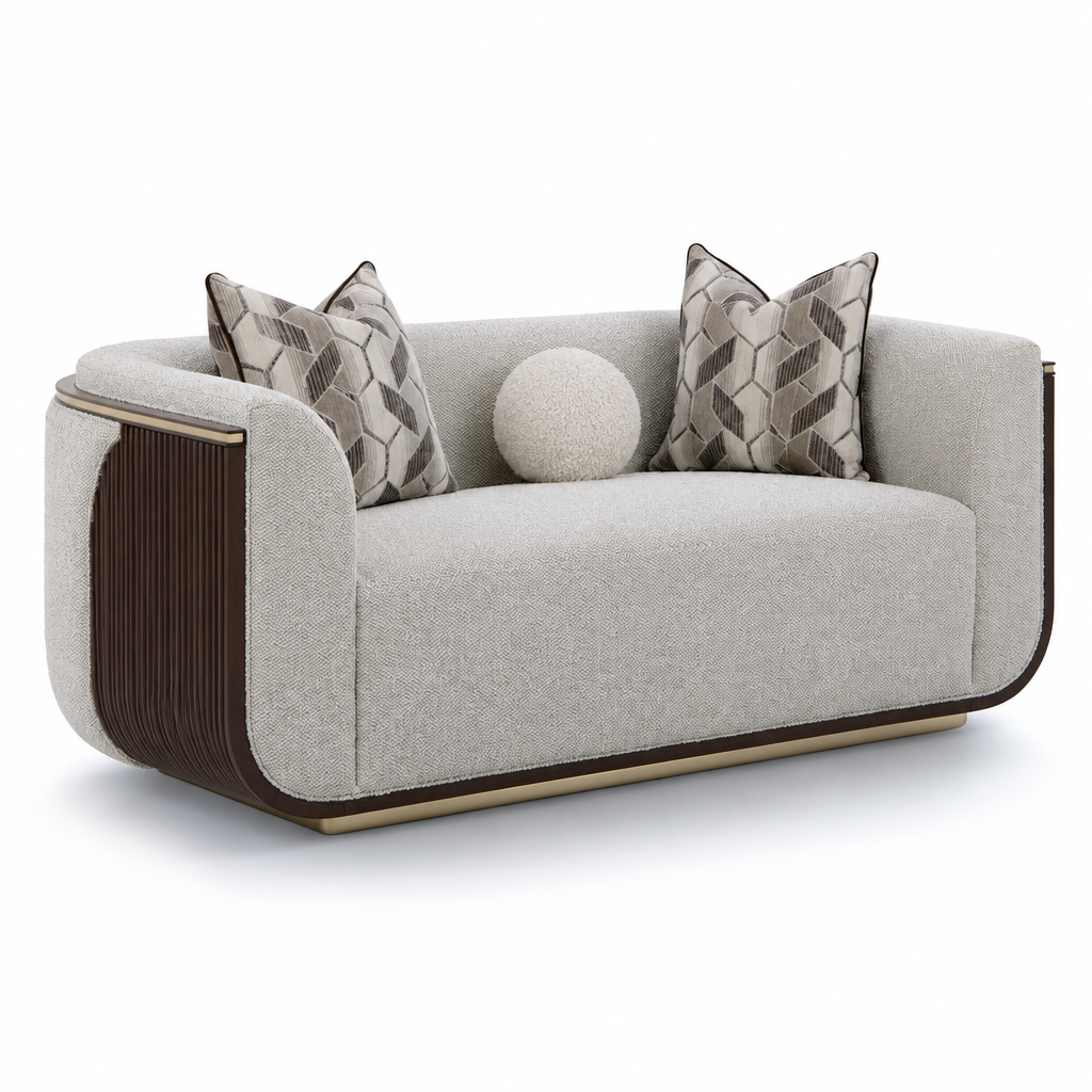 West Kensington Loveseat in light gray fabric with fluted dark wood arms and gold base, left-front view