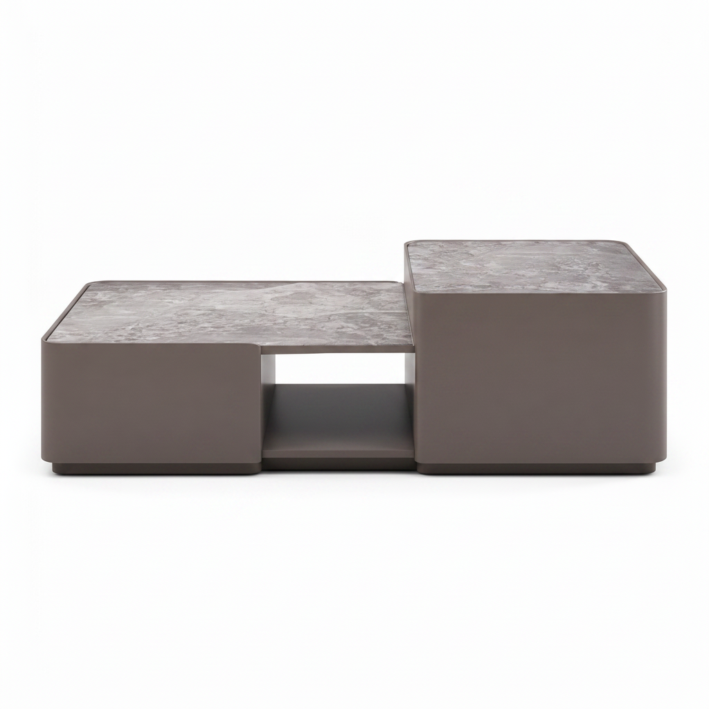 Luscaris Coffee Table with gray marble top and wood veneer base, front view