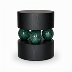 Left-front 45-degree view of the Illyra End Table with three green marble spheres