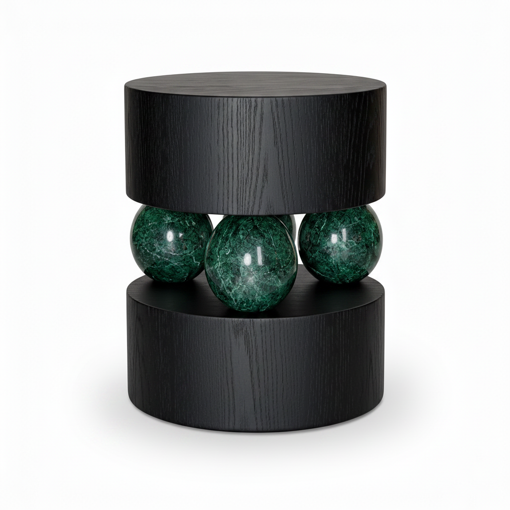 Left-front 45-degree view of the Illyra End Table with three green marble spheres
