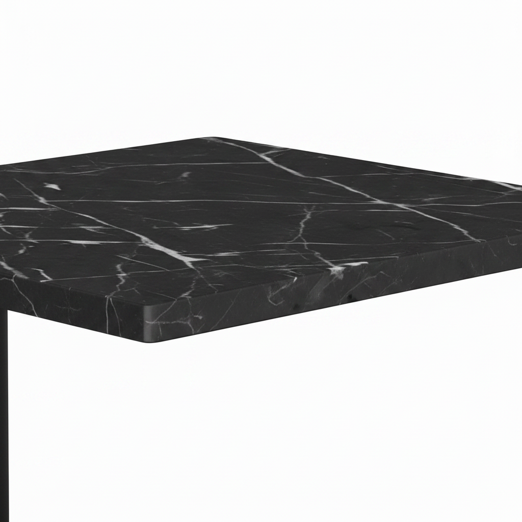 Close-up of the black marble tabletop and white veining on the Nyselle Marble End Table
