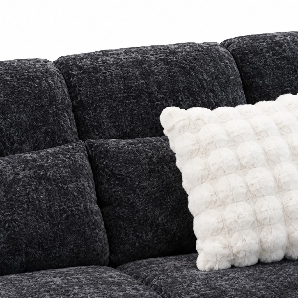 Dovaire Sofa charcoal fabric back cushion and white textured pillow detail