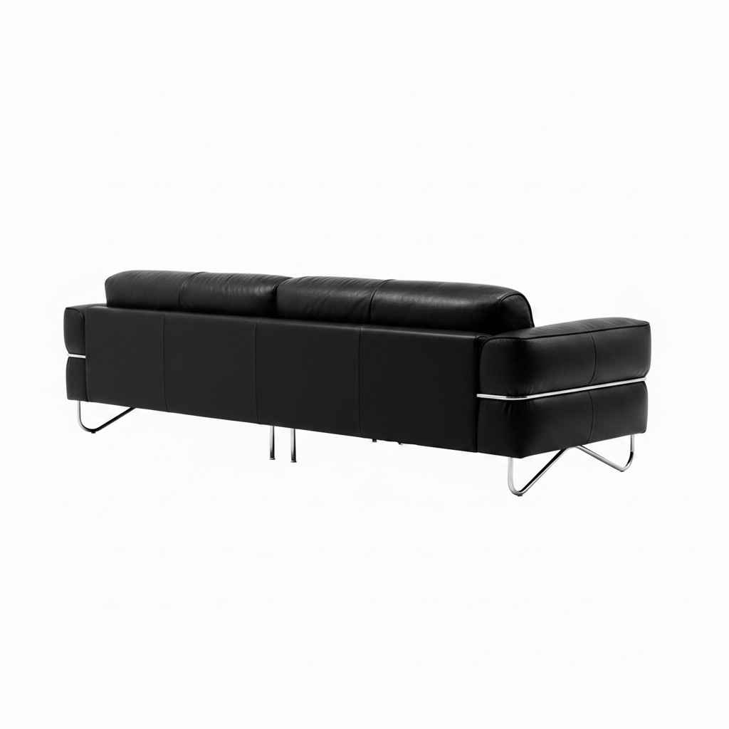 Quarielle Sofa in black leather, rear right three-quarter view showing the upholstered back and metal legs.