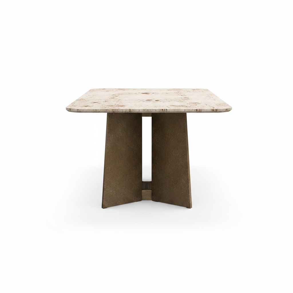 Cavelle Dining Table in marble and carbon steel, 90-degree end view on white background