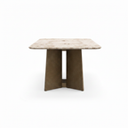 Cavelle Dining Table in marble and carbon steel, 90-degree end view on white background