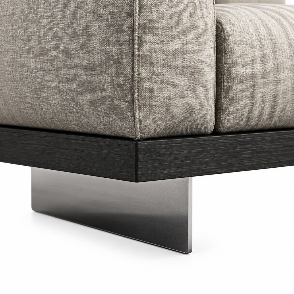 Norelle 3 Seater Sofa dark wood base and metal ski-leg foot detail close-up