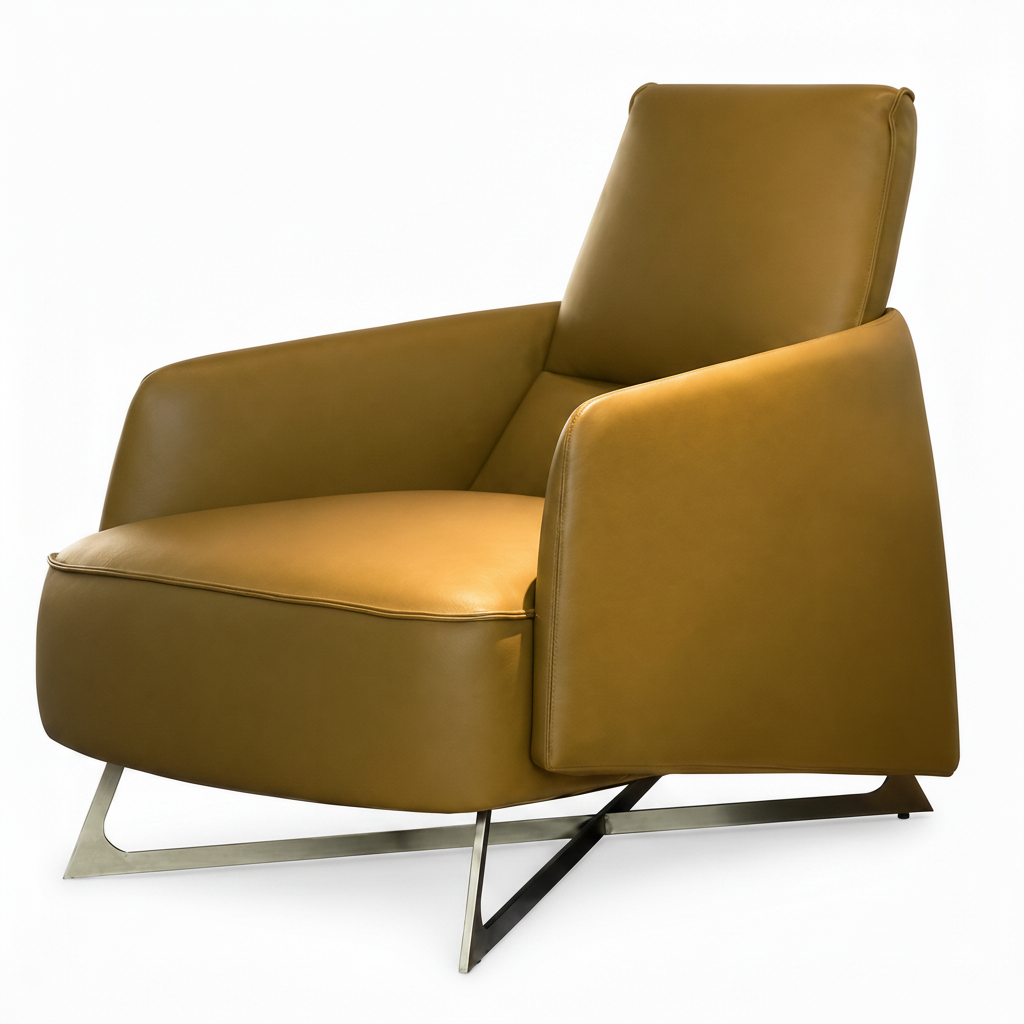 Marvane accent chair in mustard brown leather with angular metal sled base, mirrored three-quarter view