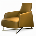 Marvane accent chair in mustard brown leather with angular metal sled base, mirrored three-quarter view