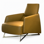 Marvane accent chair in mustard brown leather with angular metal sled base, mirrored three-quarter view