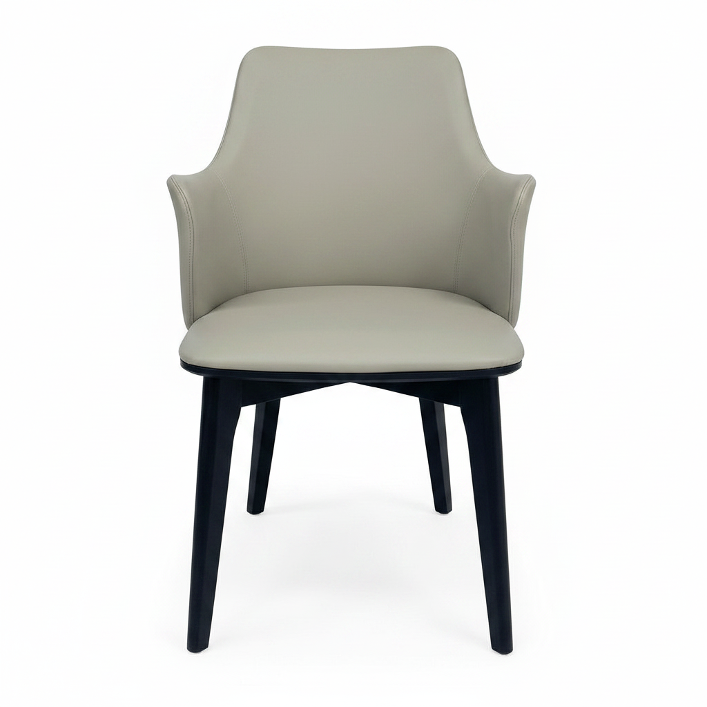 Julienne Dining Chair with light greige upholstery and black wood, straight front view on white background