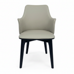 Julienne Dining Chair with light greige upholstery and black wood, straight front view on white background