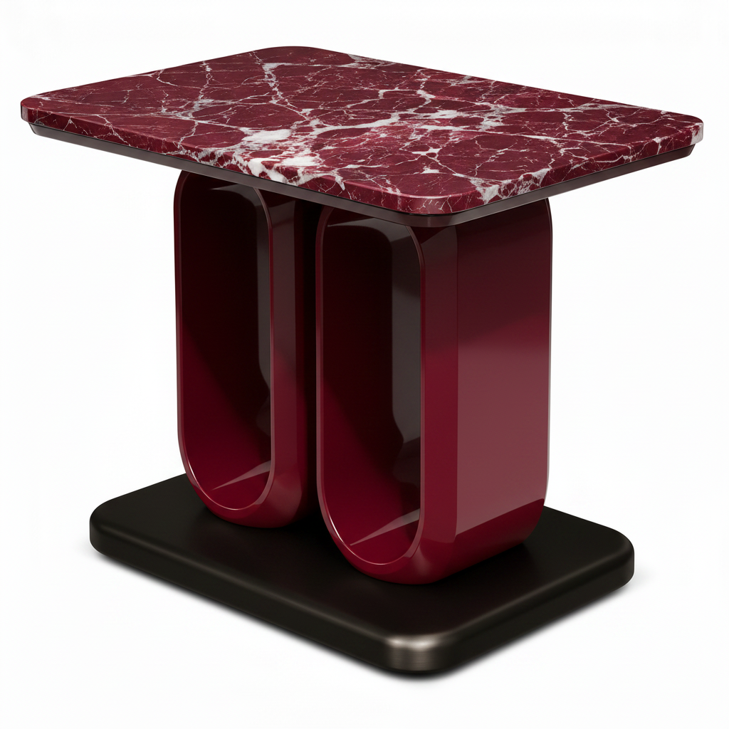 Zevrane End Table red marble top, curved burgundy frame, and black plinth, 45 degree side view