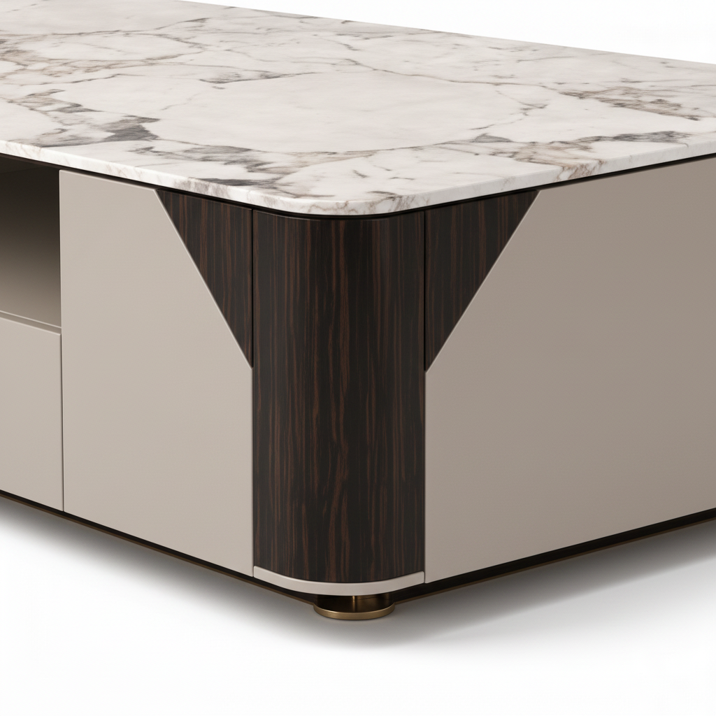 Zevrane Coffee Table dark wood veneer base and tabletop edge detail