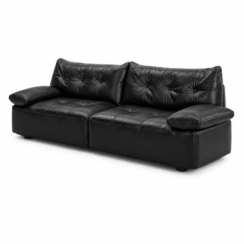 Liorenzo Sofa black leather tufted cushions, right-front 45-degree view