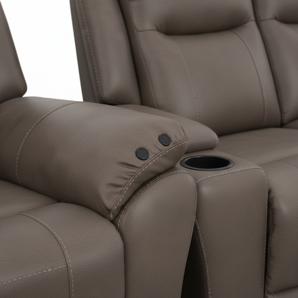 Asterwyn Leather Sofa Set brown gray leather recliner control and cupholder detail