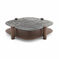 Gavorin Coffee Table with glass top and ash wood supports, high-angle view on white background