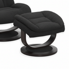 Close-up of the black upholstered ottoman footrest, curved support frame, central connection, and round base.