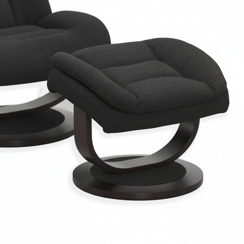 Close-up of the black upholstered ottoman footrest, curved support frame, central connection, and round base.