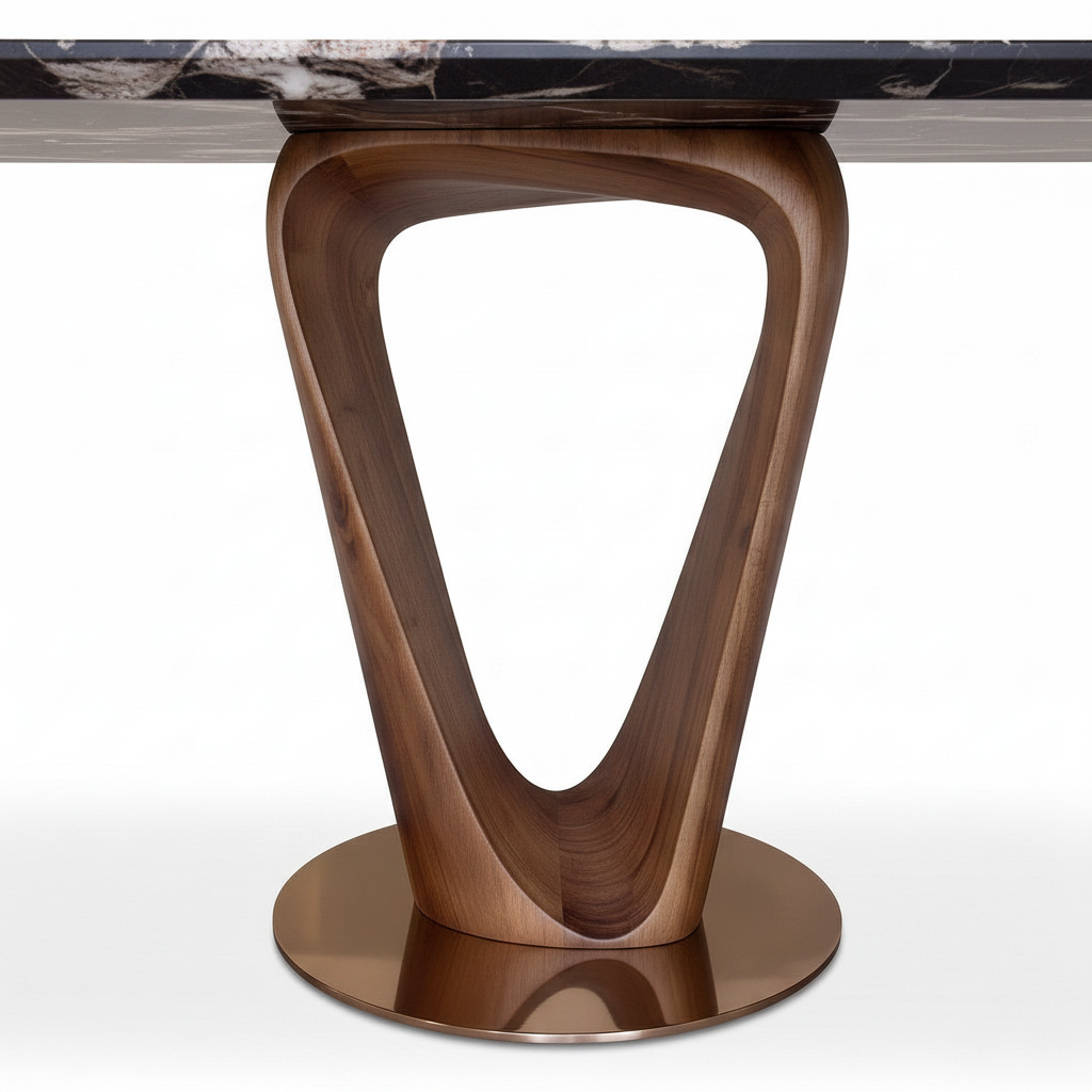 Beaumont Marble Dining Table solid ash wood curved leg and circular base detail on a white background