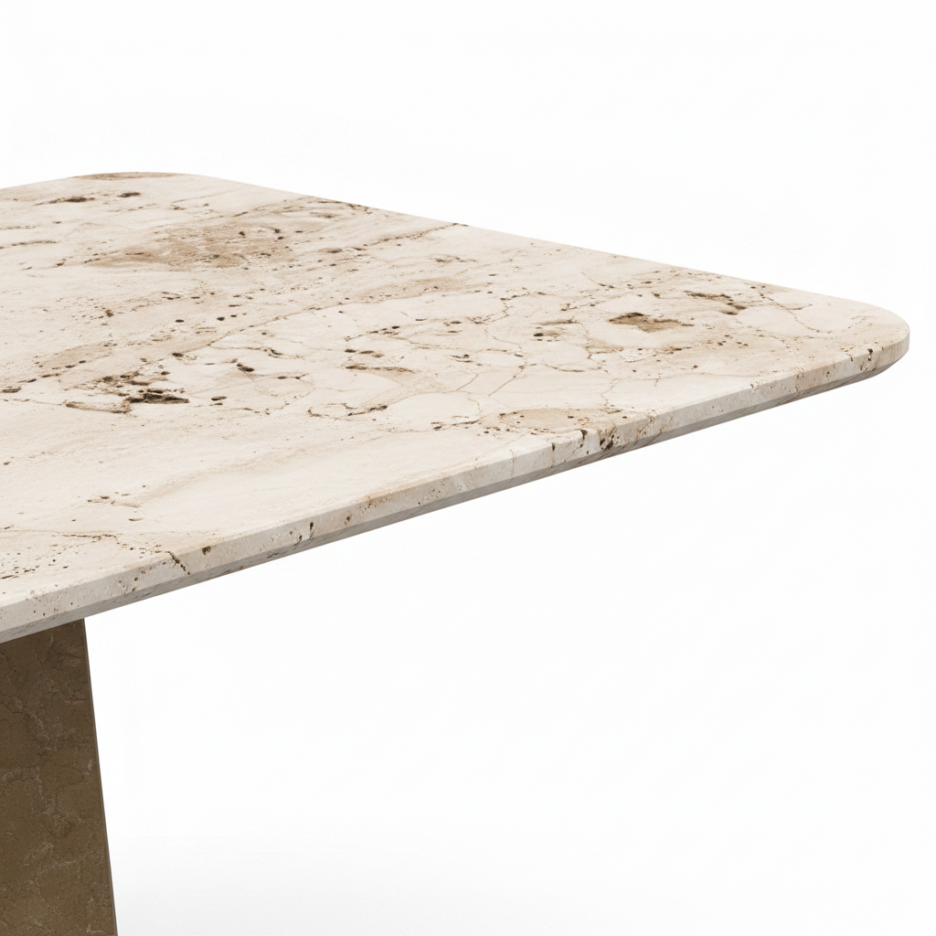 Close-up of Cavelle Dining Table marble tabletop surface and edge on white background