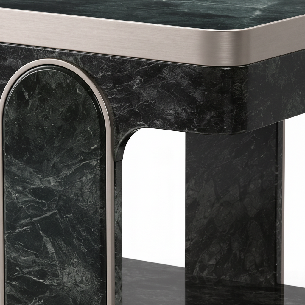 Close-up of the marble arch leg and silver trim on the Maurelle End Table