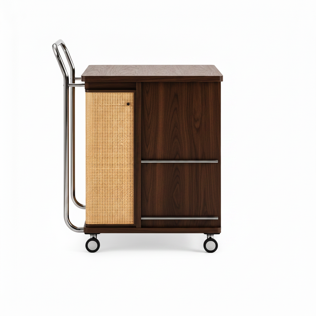 Nouvella End Table cabinet depth, cane panel, and caster wheels, side view