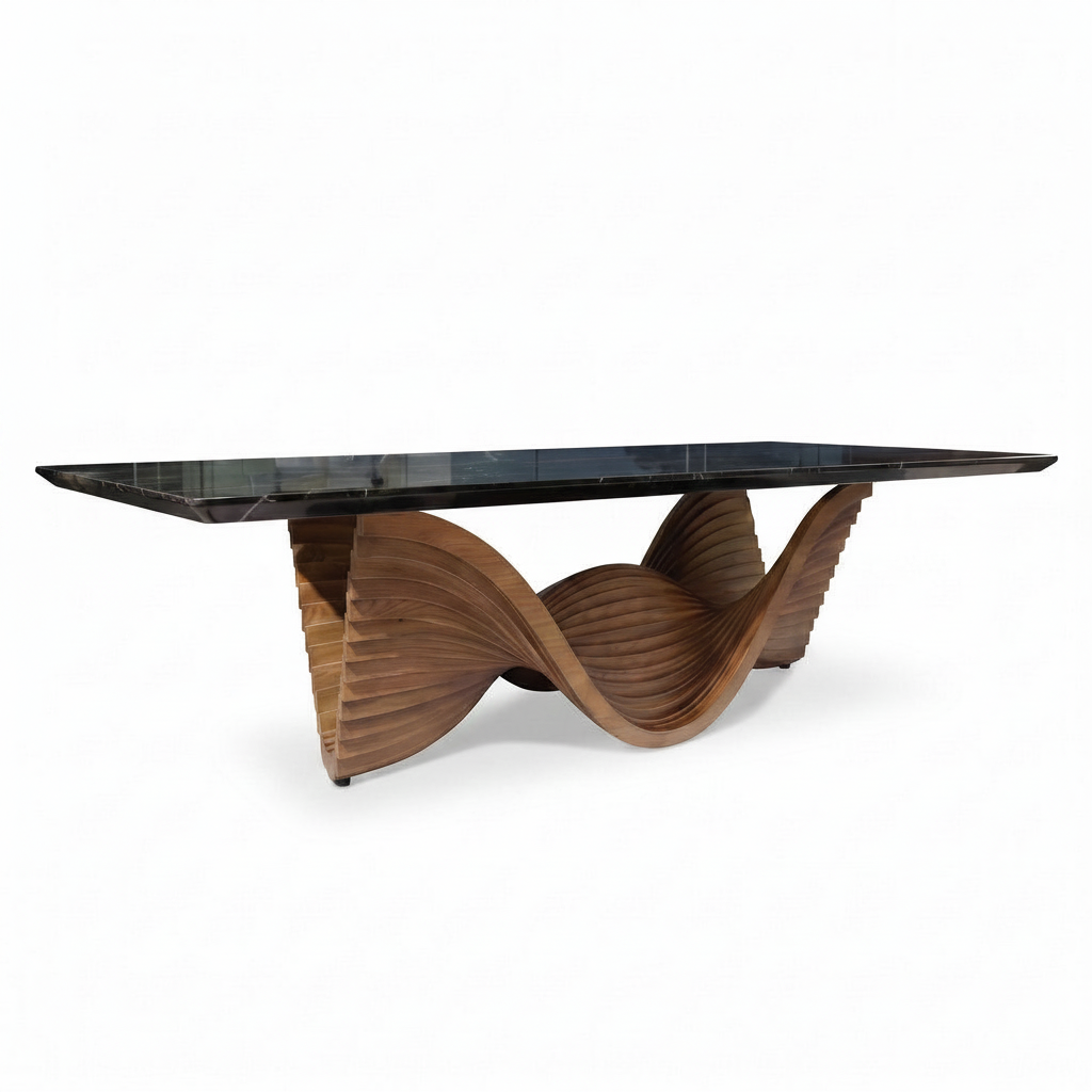 Varenne Marble Dining Table in marble and layered solid ash wood, 45-degree front-right view on a white background