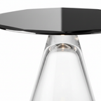 Elarque End Table close up detail showing tabletop edge and clear pedestal on white background