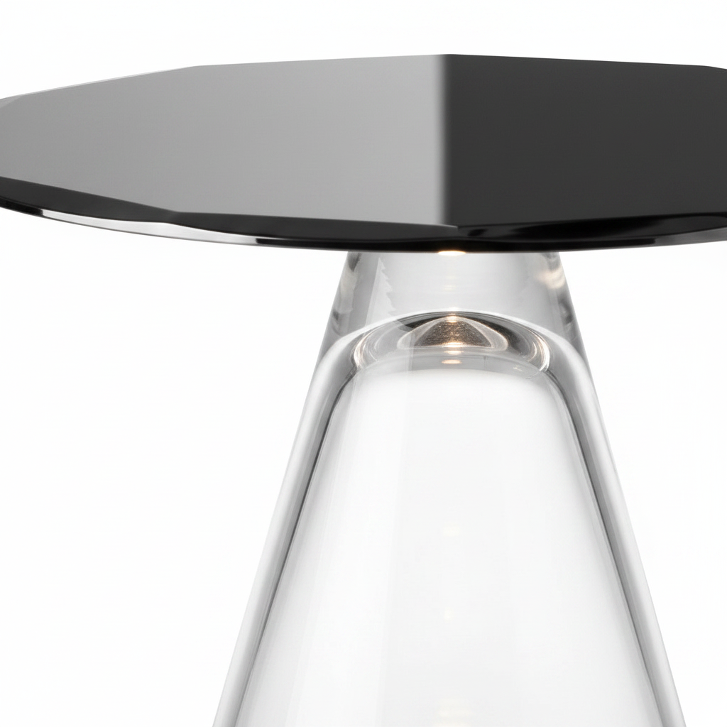 Elarque End Table close up detail showing tabletop edge and clear pedestal on white background