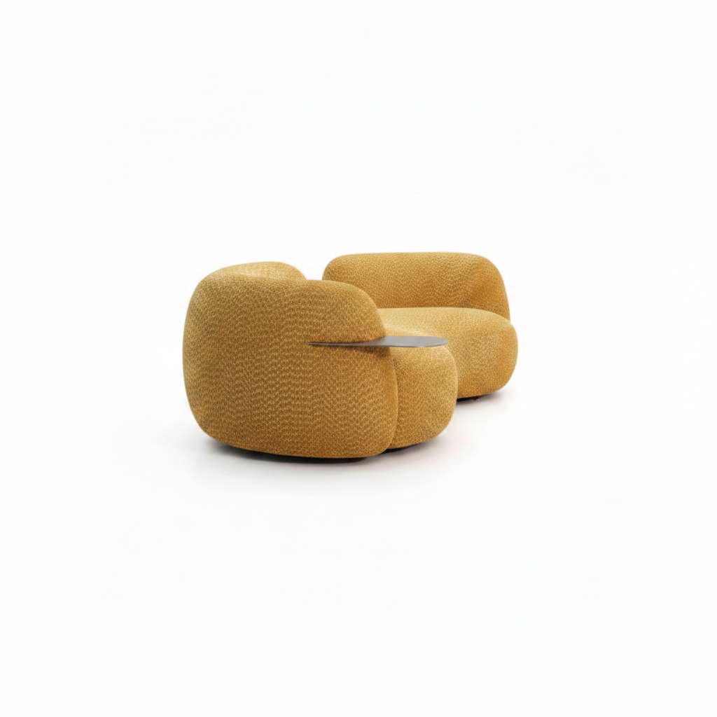 Right-side profile of the Lourmarin Sofa with silver armrest plate