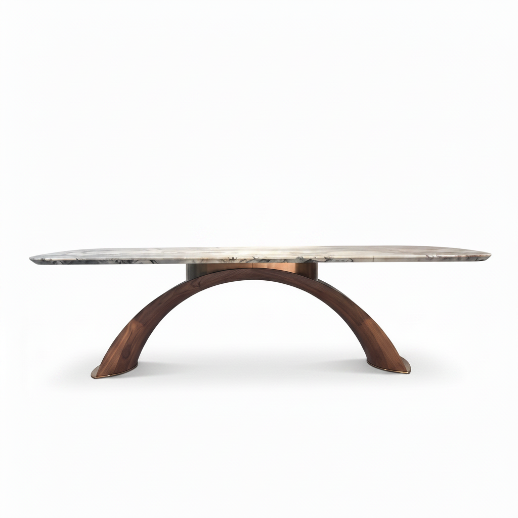 Corvella Marble Dining Table in ash wood and natural marble, straight front view on white background