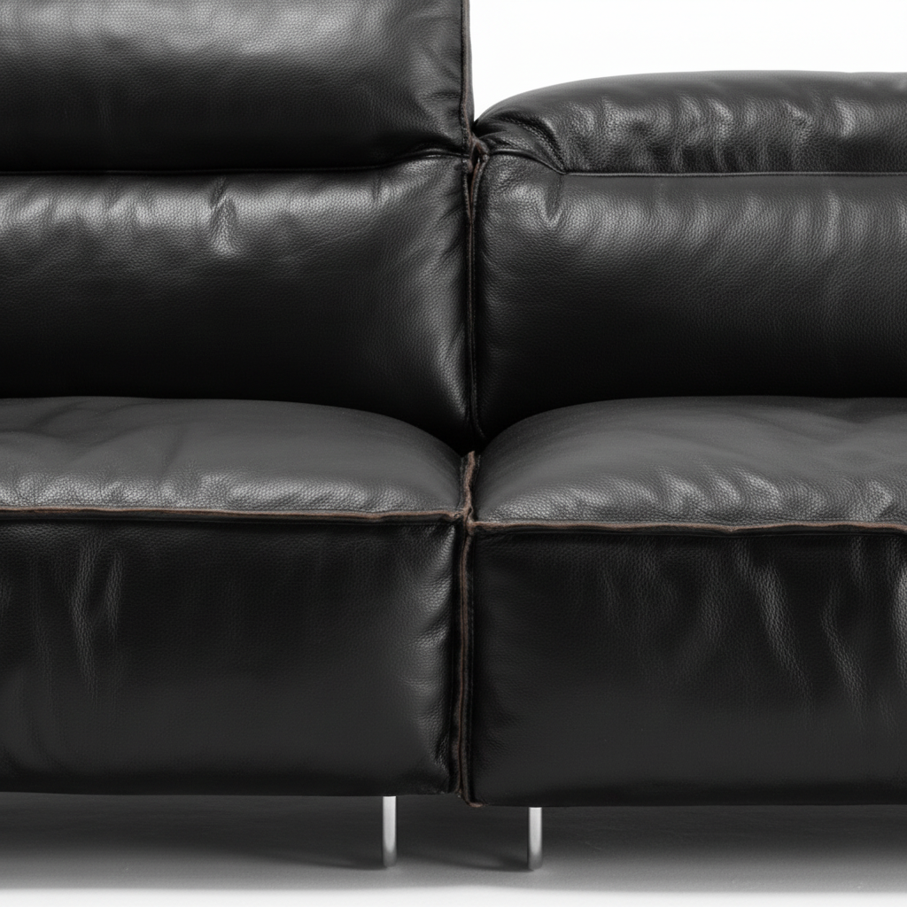 Cormaro Sofa black leather seat cushion and center seam detail