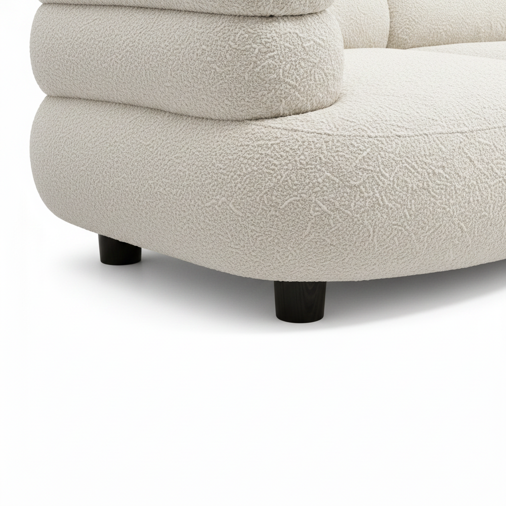 Close-up of the Wynmere sectional sofa leg and corner frame joinery with soft upholstery on a clean white background.