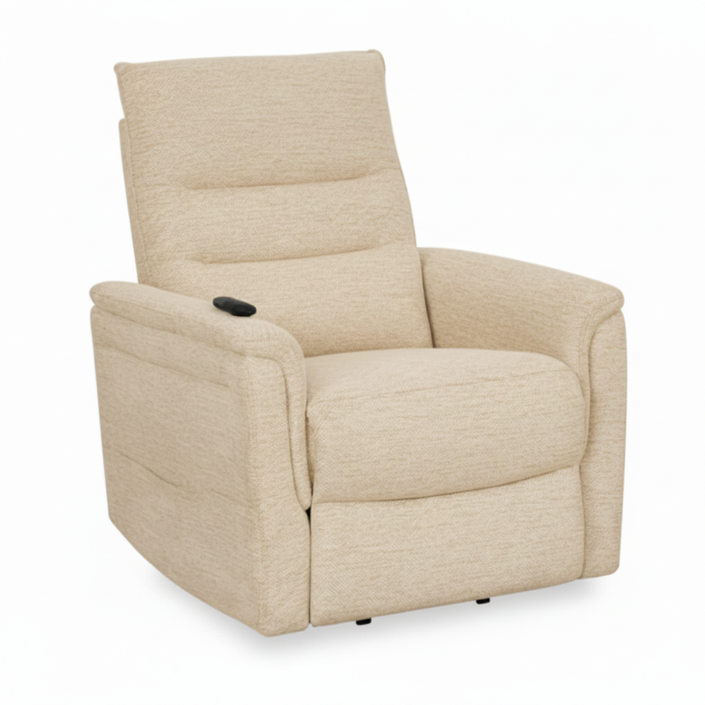 Elevated view of the light beige Vaudelle fabric accent chair showing the seat cushion, padded arms, segmented backrest, and recliner control.
