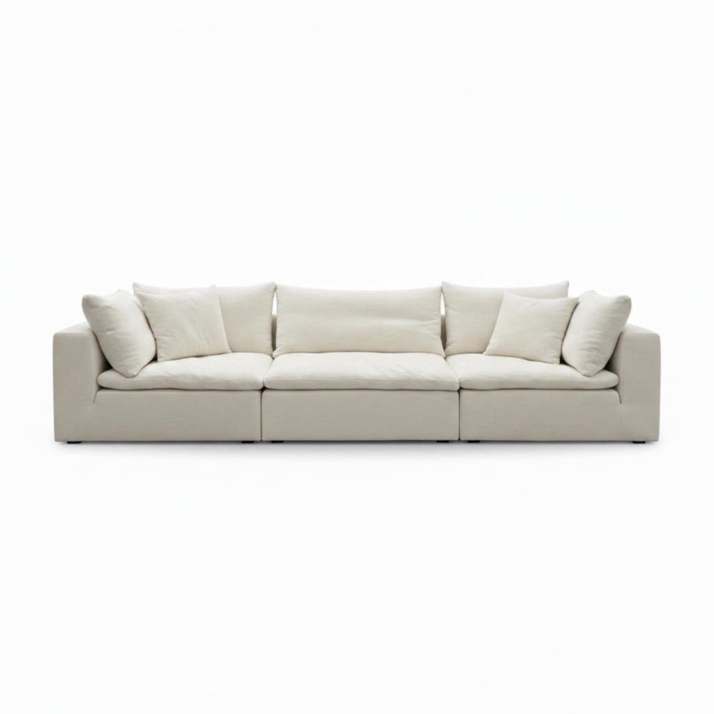 Front view of the Marceaux fabric sectional sofa with plush seat cushions on a white background.