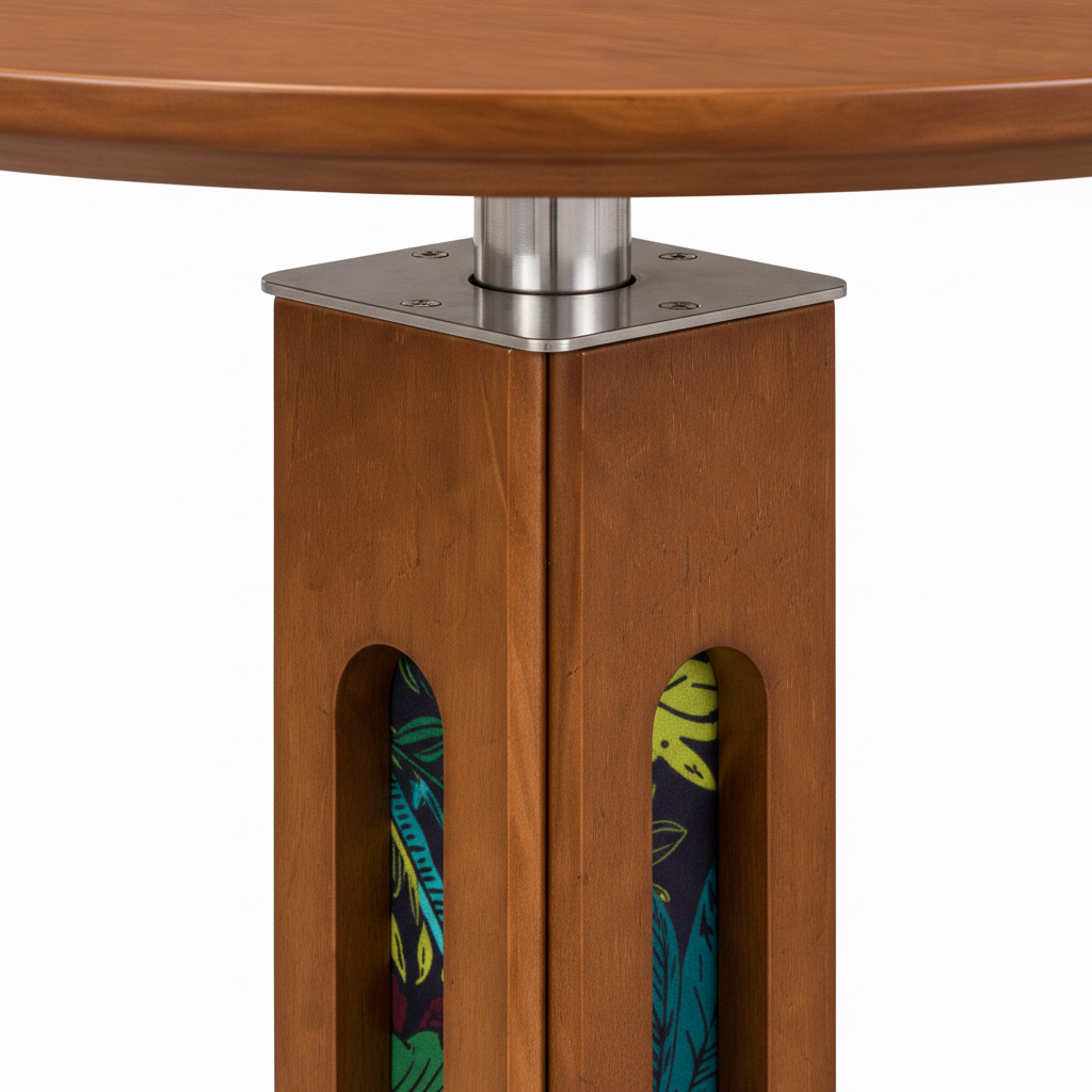 Close-up of the wood pedestal, velvet openings, and stainless connector on the Kaelora Steel End Table