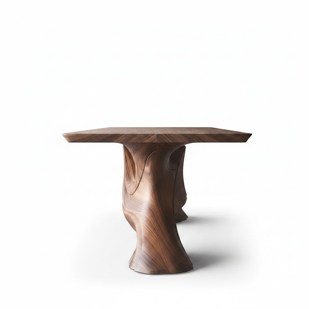 Oakmont Ice Jade Dining Table with matching walnut wood tabletop and legs, 90-degree end view on white background
