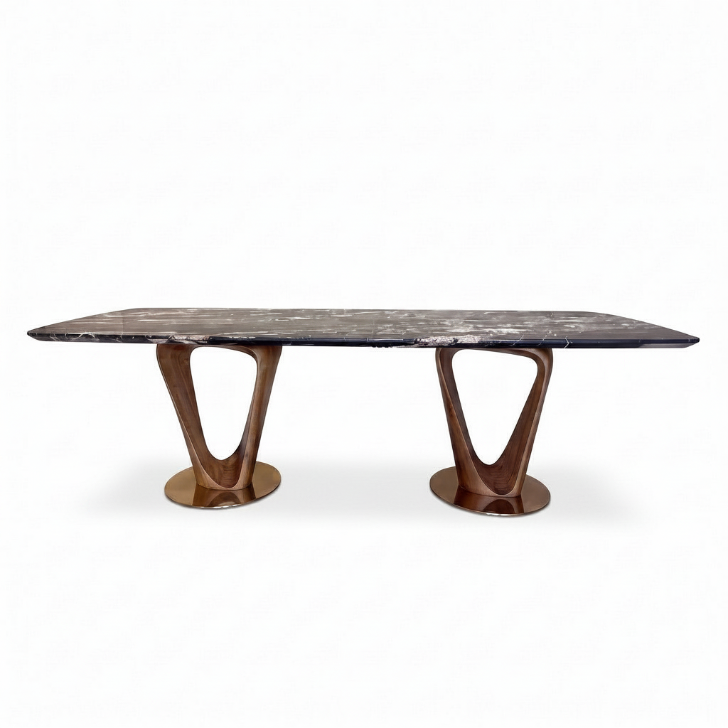 Beaumont Marble Dining Table in dark marble and solid ash wood, straight-on front view on a white background