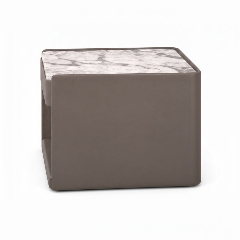 Luscaris End Table marble top, cabinet depth, and side panel, right side view